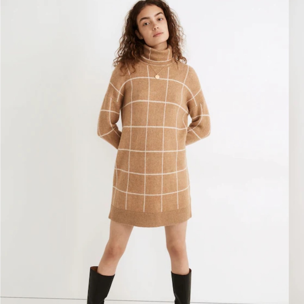 Madewell Windowpane Turtleneck Sweater Dress Heather Granola Tan Size L